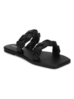 Black PU Braided Strap Slides