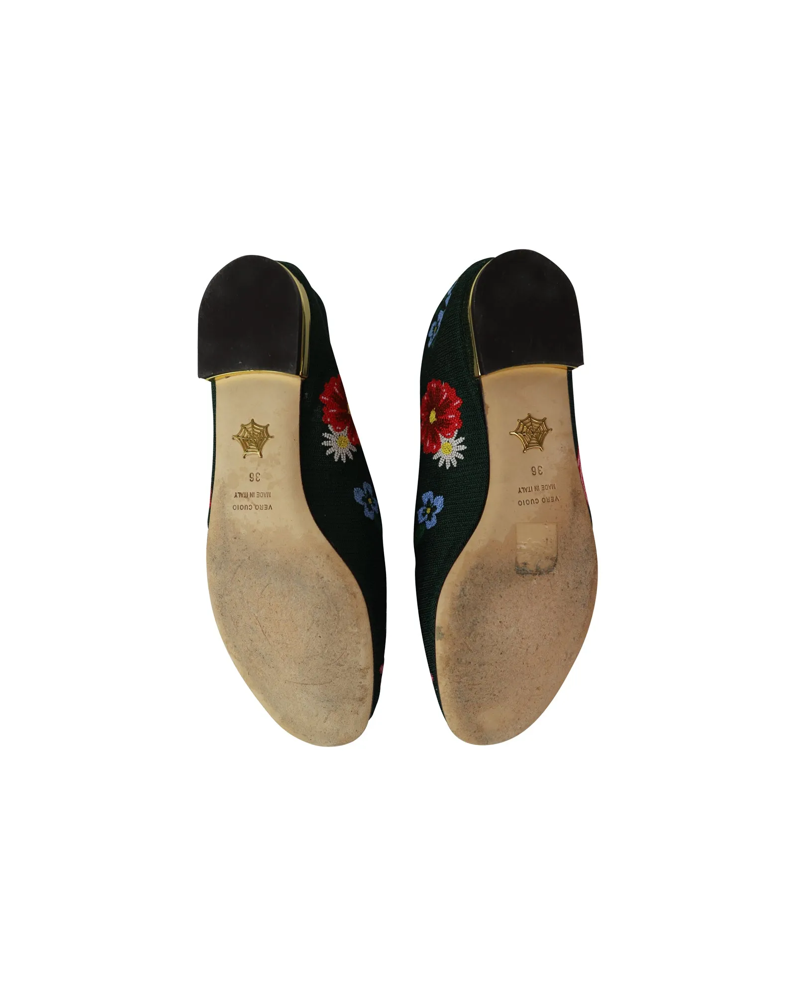 Charlotte Olympia Rose Garden Floral Embroidered Flats in Green Fabric