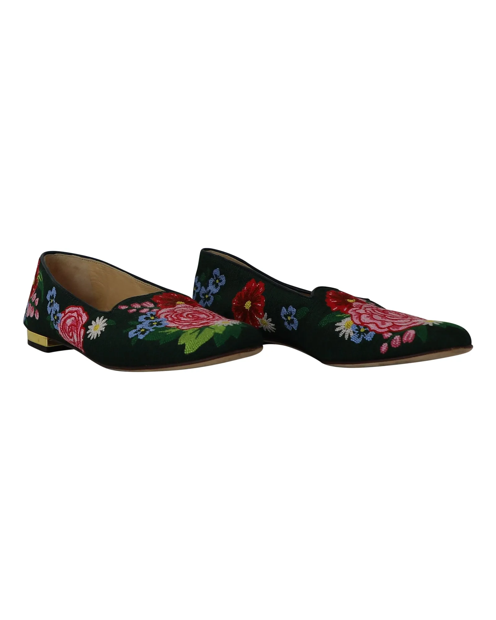 Charlotte Olympia Rose Garden Floral Embroidered Flats in Green Fabric