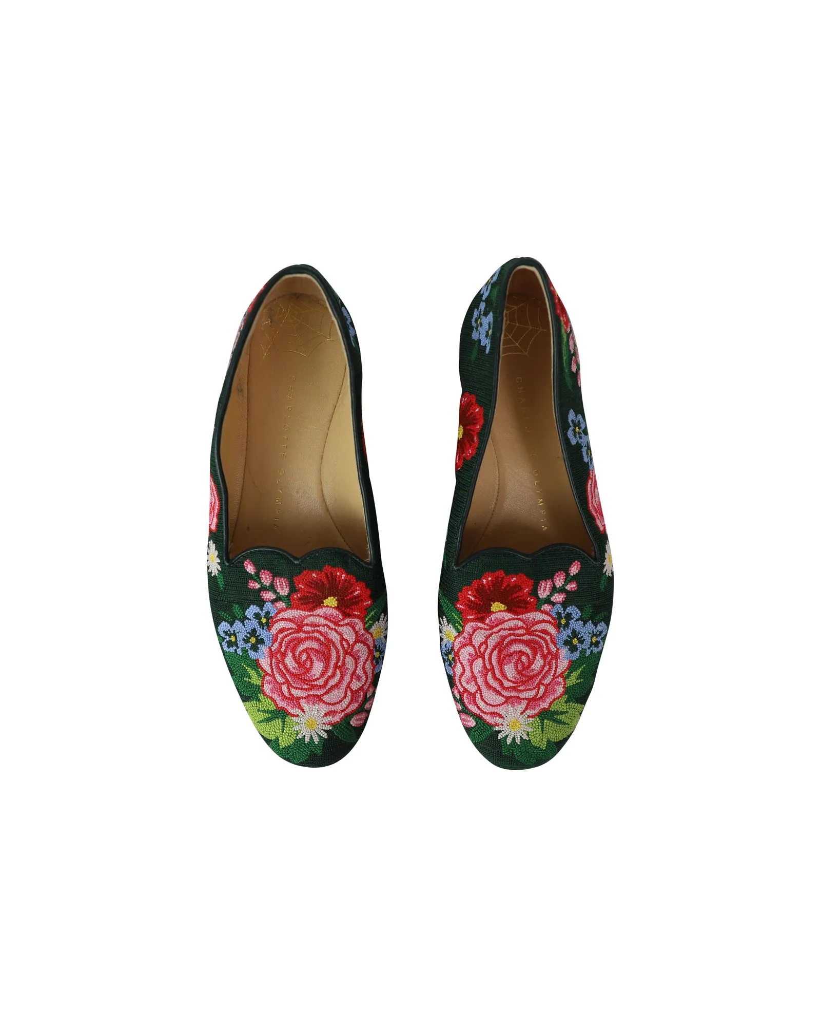 Charlotte Olympia Rose Garden Floral Embroidered Flats in Green Fabric