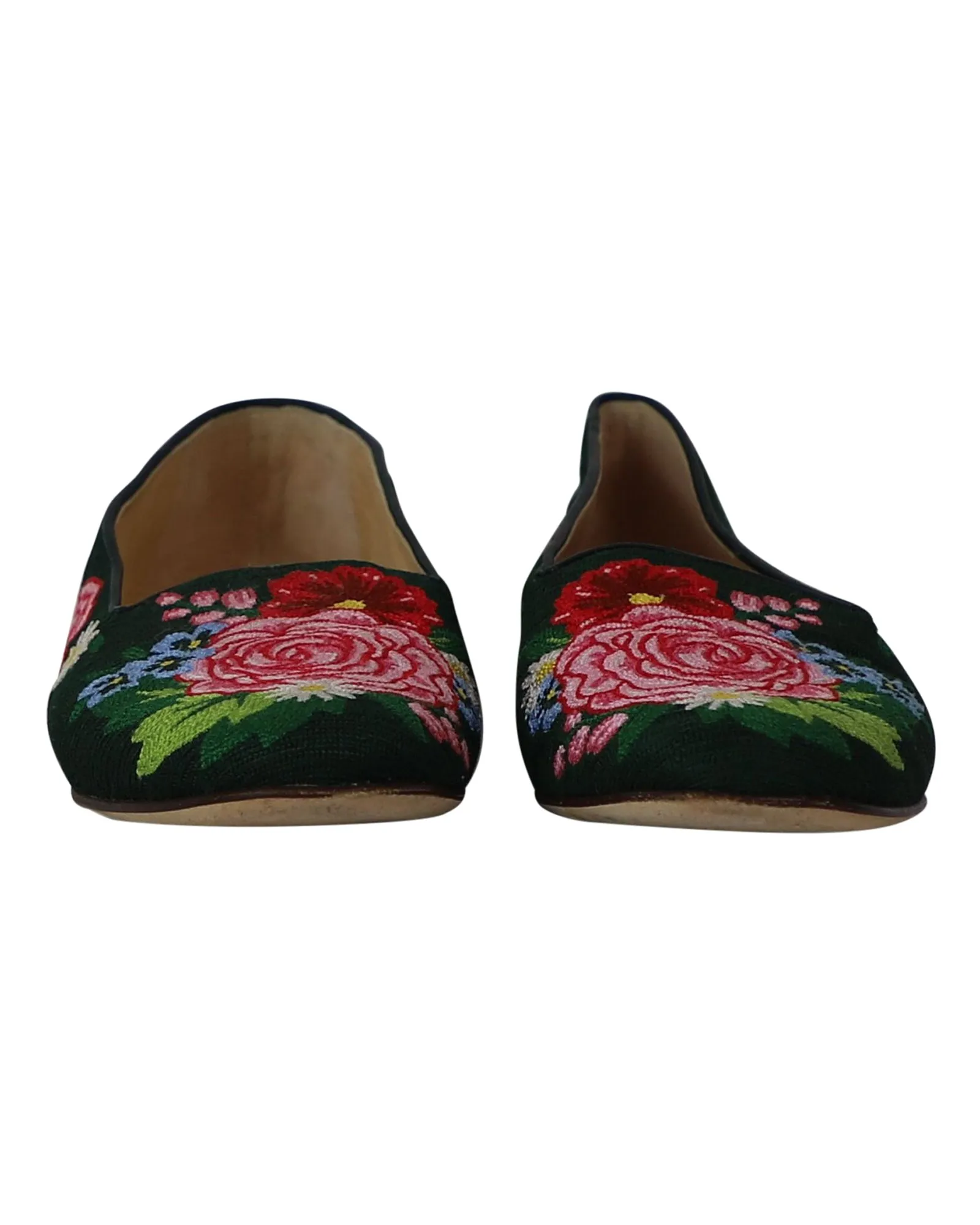 Charlotte Olympia Rose Garden Floral Embroidered Flats in Green Fabric