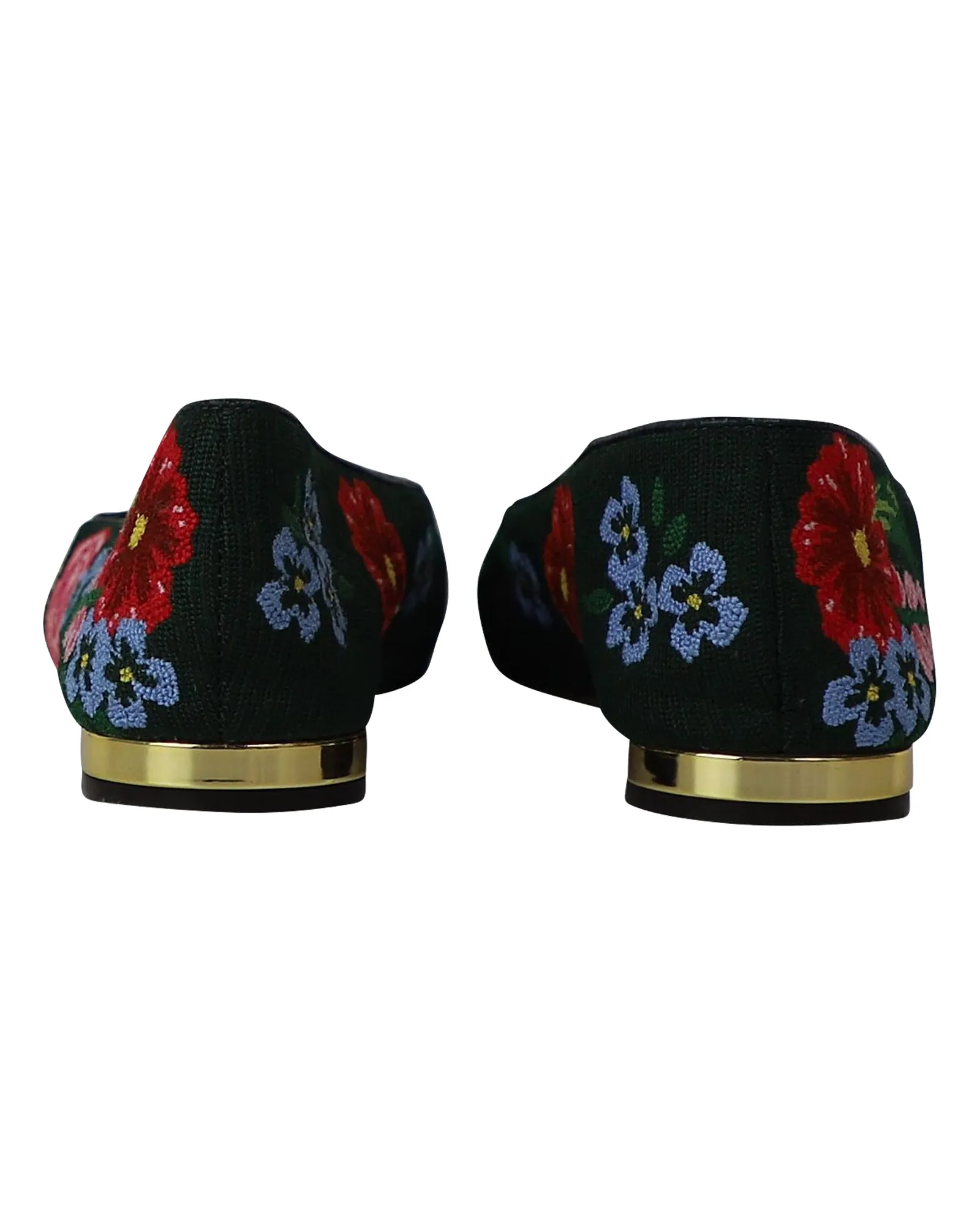 Charlotte Olympia Rose Garden Floral Embroidered Flats in Green Fabric