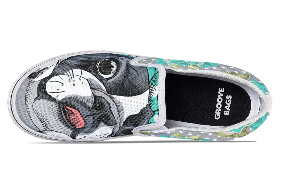 Floral Boston Terrier Turquoise Slip-On Shoes