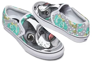 Floral Boston Terrier Turquoise Slip-On Shoes