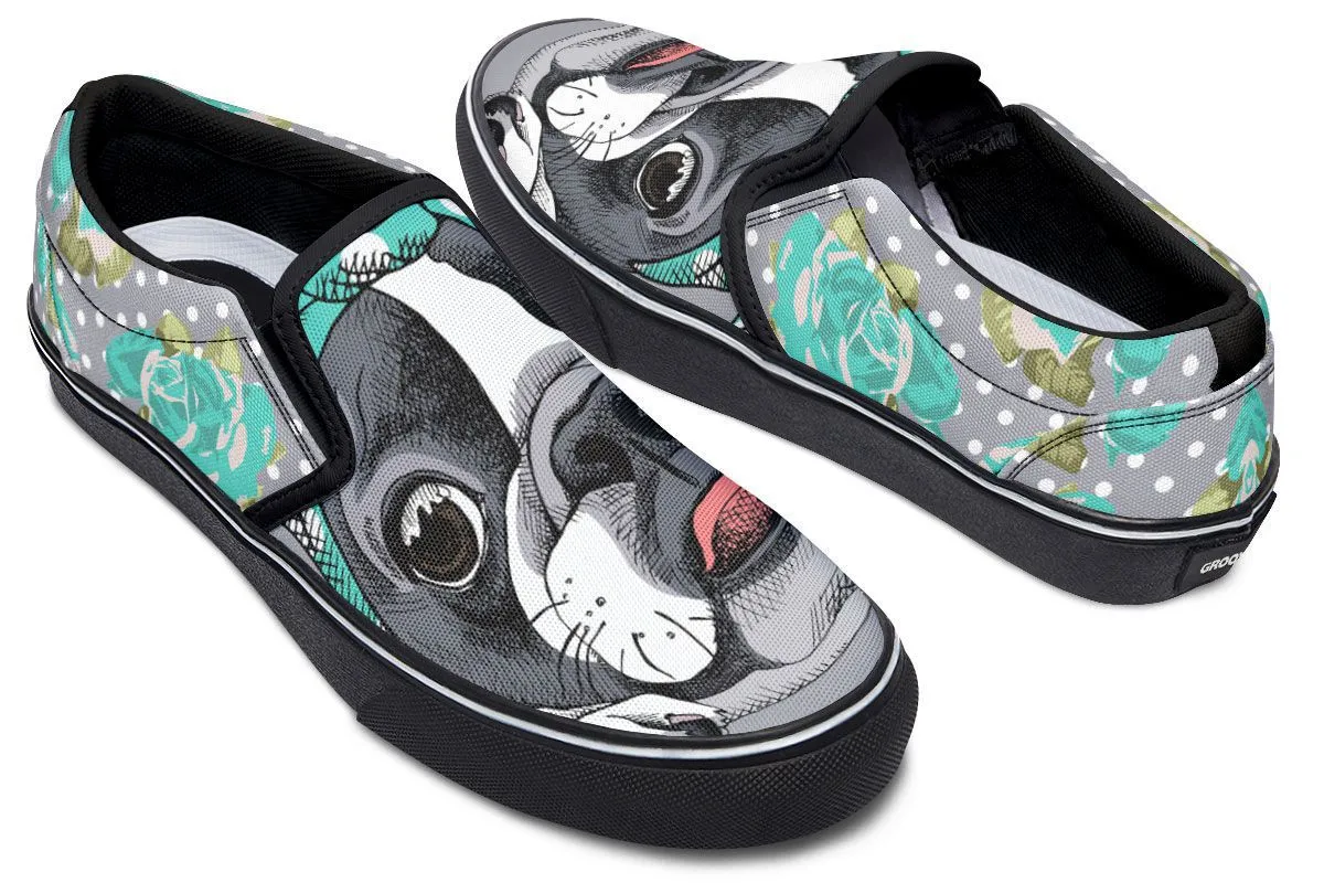 Floral Boston Terrier Turquoise Slip-On Shoes