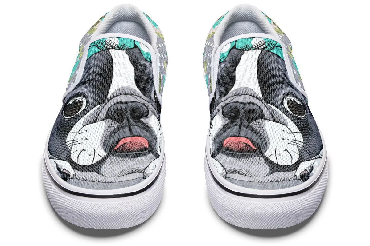 Floral Boston Terrier Turquoise Slip-On Shoes