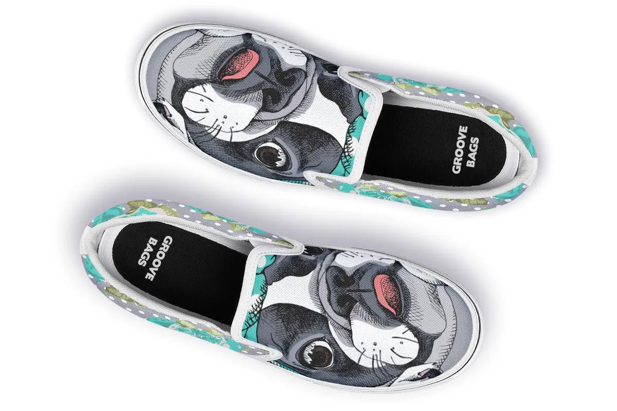 Floral Boston Terrier Turquoise Slip-On Shoes