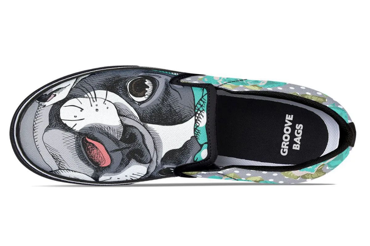Floral Boston Terrier Turquoise Slip-On Shoes