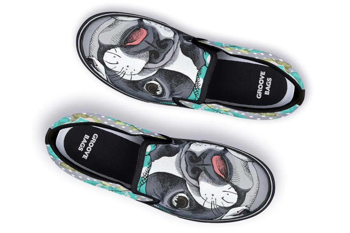Floral Boston Terrier Turquoise Slip-On Shoes
