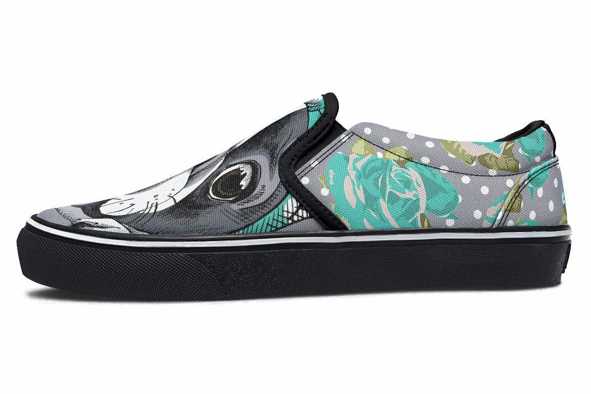 Floral Boston Terrier Turquoise Slip-On Shoes