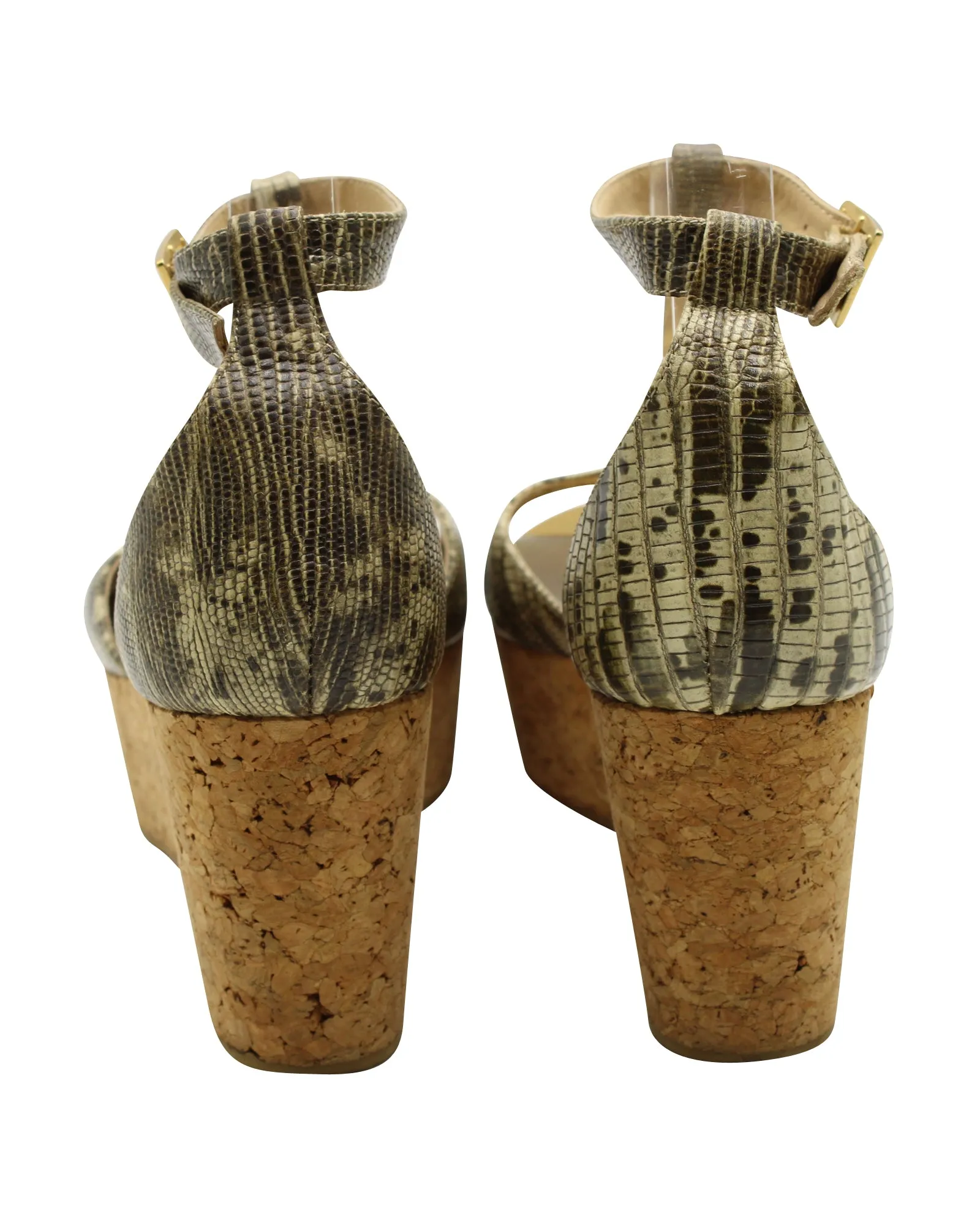 Jimmy Choo Cork Wedge Sandals with Snake Skin Print in Beige Leather