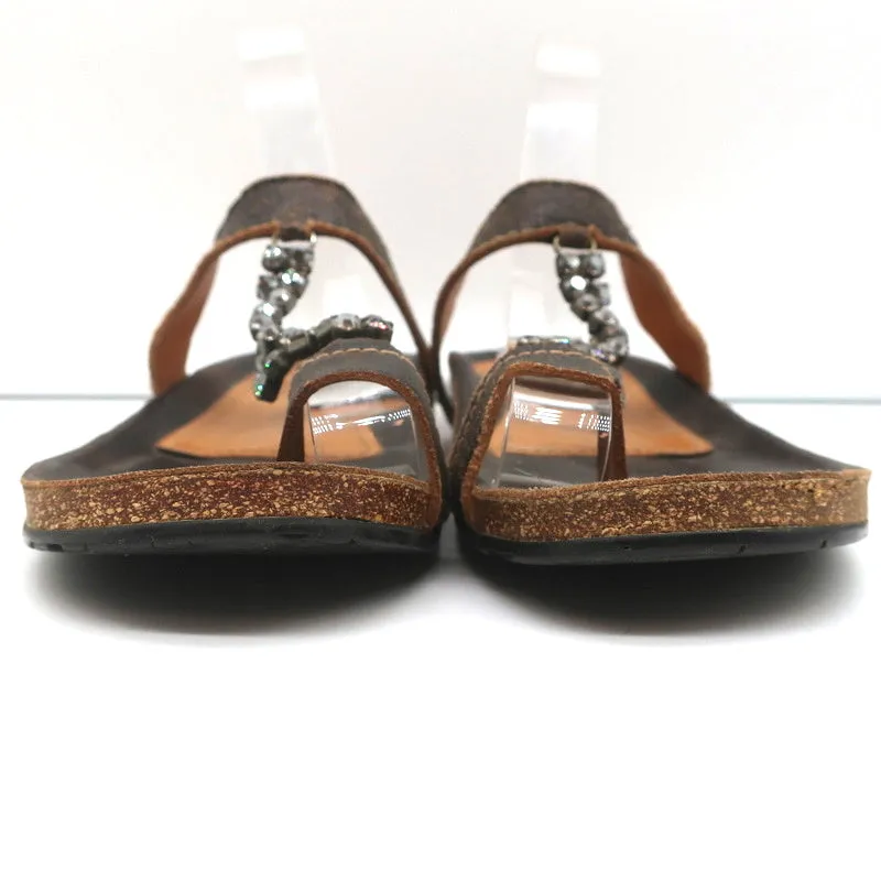 Pedro Garcia Crystal T-Strap Sandals Dark Brown Leather Size 37 Toe Ring Slides