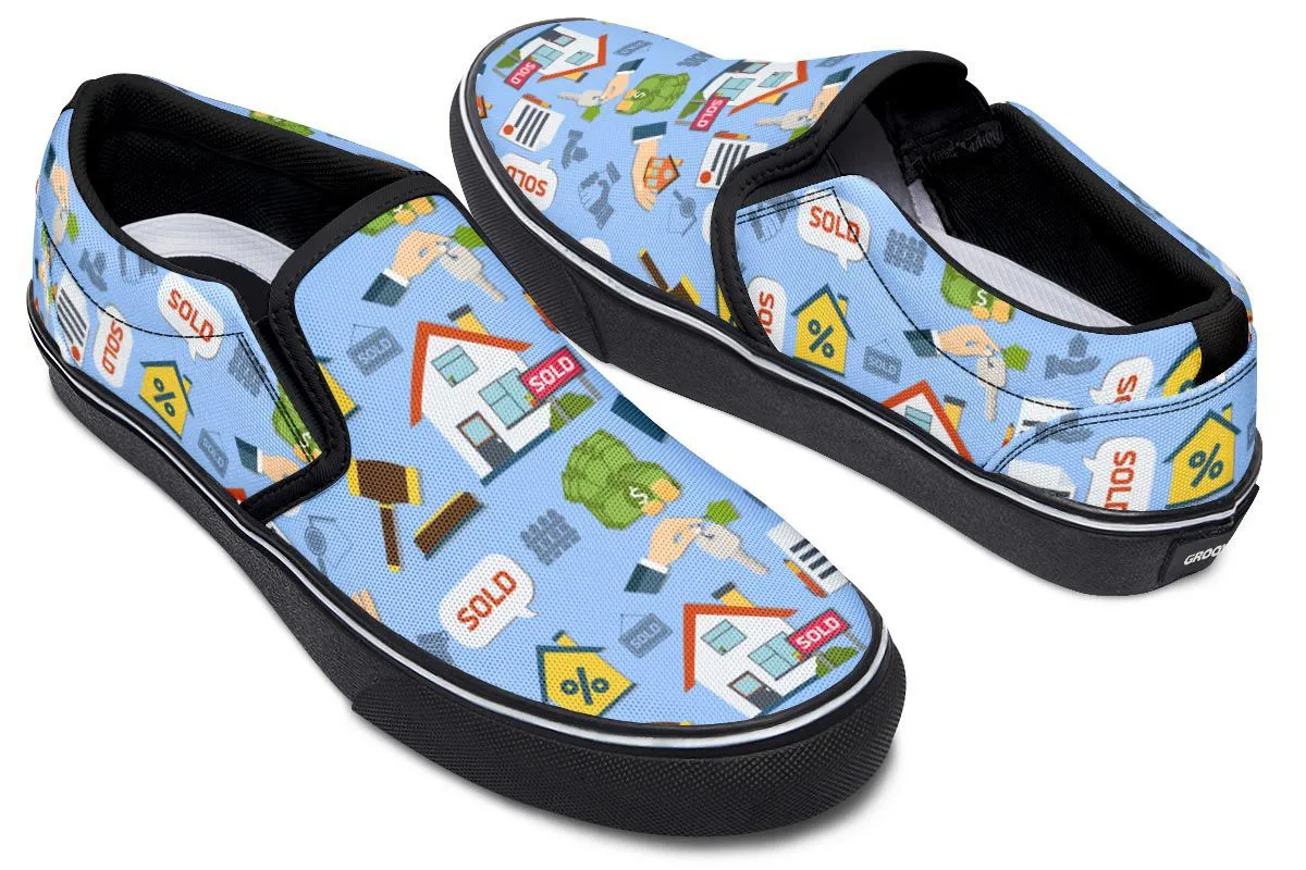 Real Estate Pattern Blue Slip-On Shoes