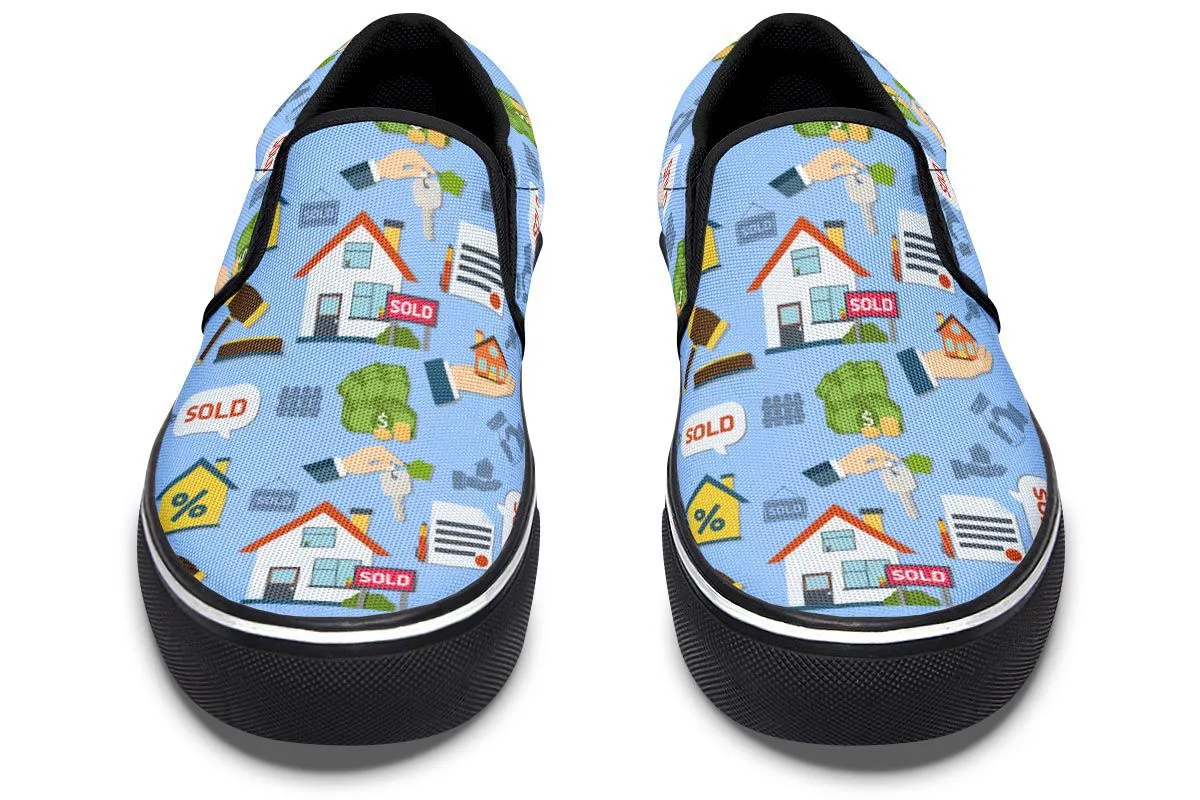 Real Estate Pattern Blue Slip-On Shoes